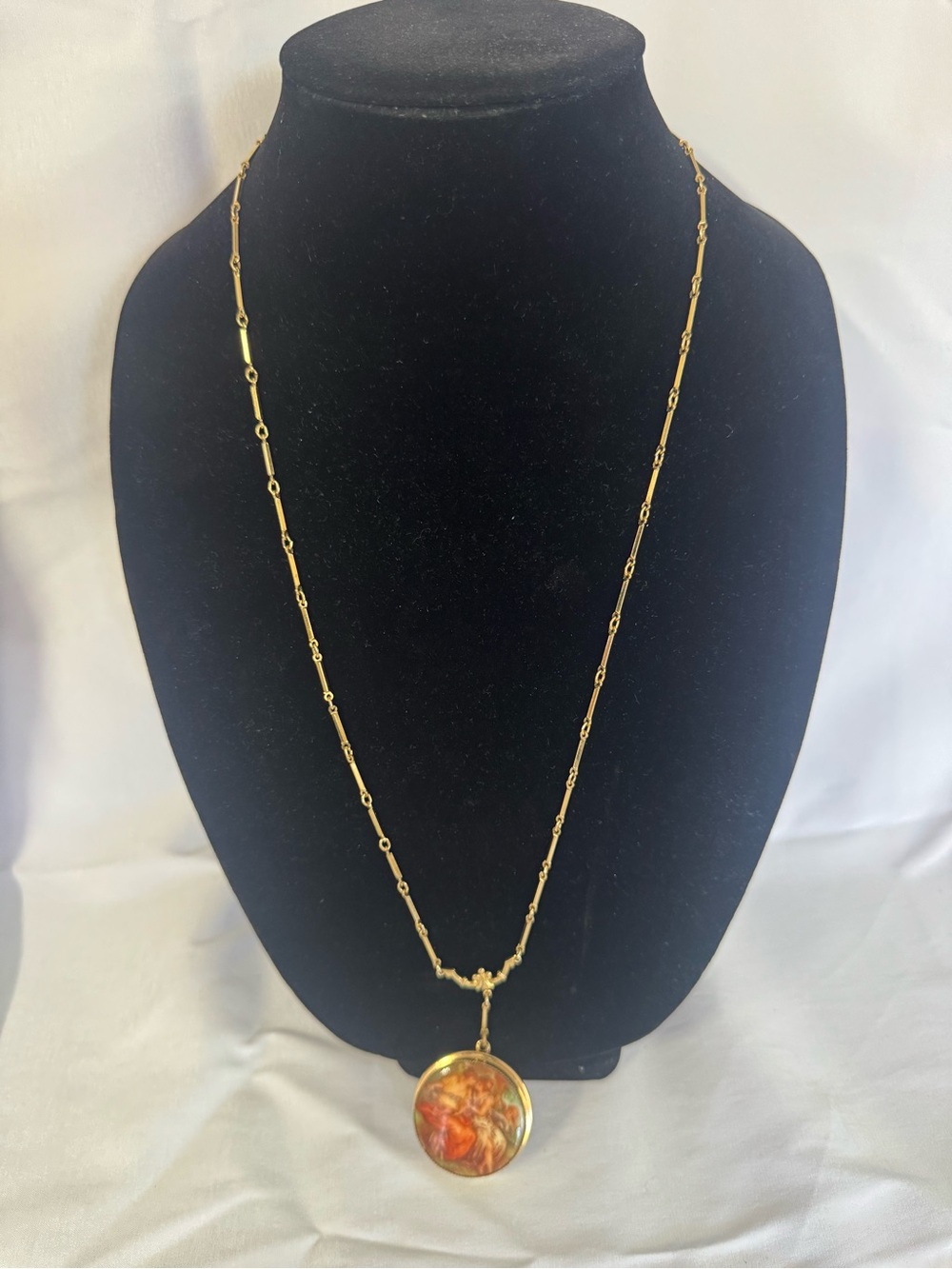 Gold-Tone Pendant Necklace with Orange Marble Disc